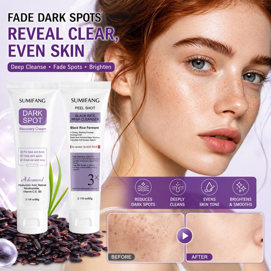 SUMIFANG Black Rice Exfoliating & Spot Repair Set (2pcs) – Pengelupasan Lembut & Perbaikan Noda | Beras Hitam Fermentasi & Niacinamide – Mengangkat Sel Kulit Mati, Memudarkan Noda Hitam, Meratakan Warna Kulit | Membantu Memperbaiki Kulit Kasar & Kusam - Set Perawatan Kulit - View 1