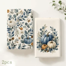 2/4/6/8pcs Kitchen Towels Set, Blue & White Pumpkin Eucalyptus Print Polyester Hand Towels, Watercolor Autumn Botanical Design, Farmhouse Fall Kitchen Decor, Thanksgiving Decorations - Multicolor - View 13