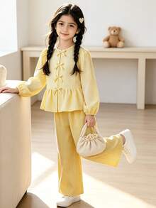 Left Mama Girls Sweet Adorable Striped Bow Long Sleeve Top And Straight Pants 2pcs/Set, Spring/Autumn - Yellow - View 1