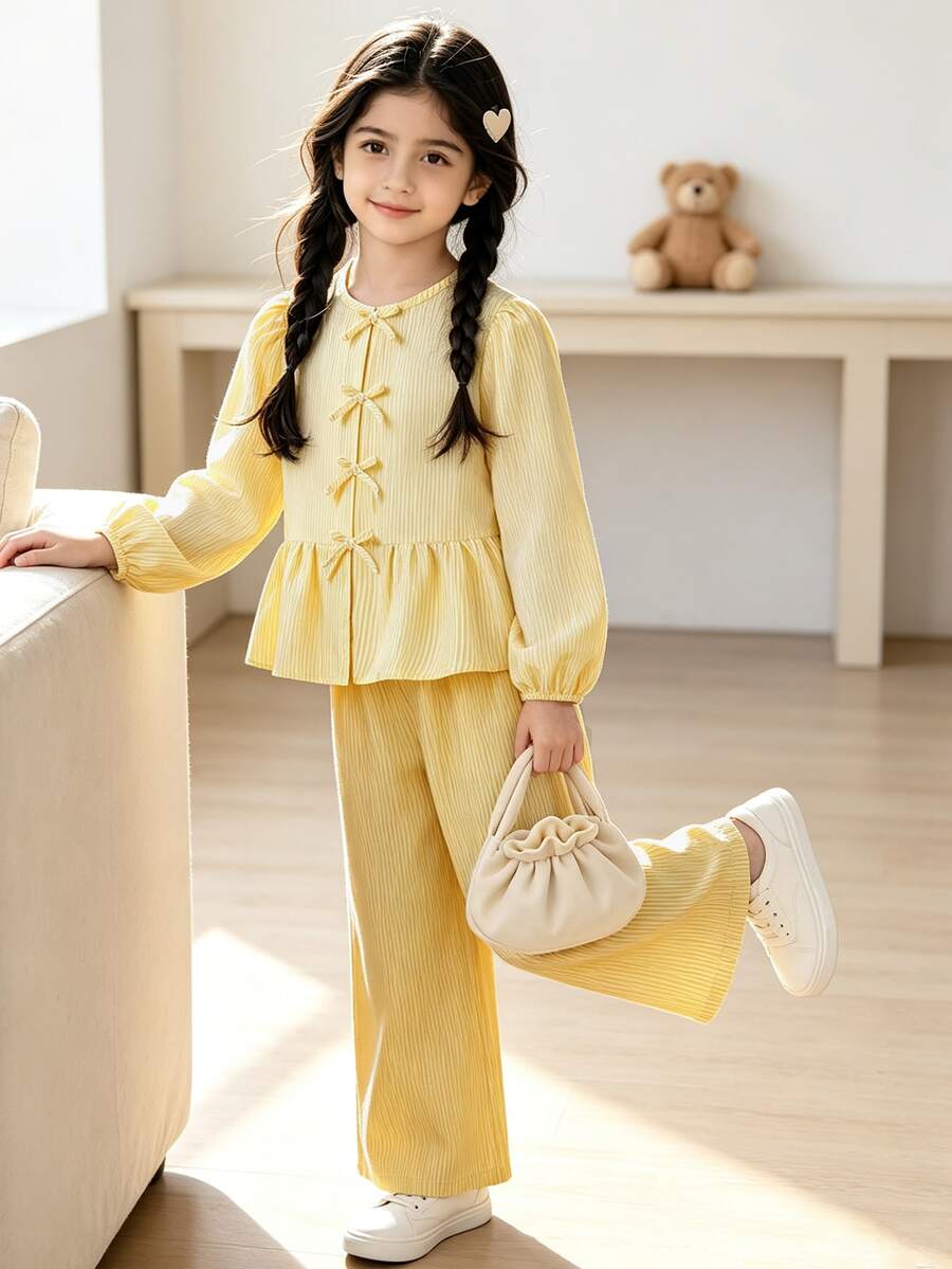 Left Mama Girls Sweet Adorable Striped Bow Long Sleeve Top And Straight Pants 2pcs/Set, Spring/Autumn - Yellow - View 1