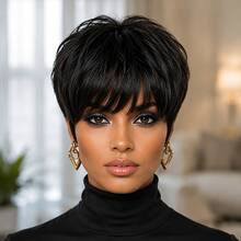 Wig Pendek Rambut Manusia Model Pixie Tanpa Lace Front 1B, 4#, 99J Rambut Manusia Brasil Kepadatan 150% Wig Pixie Rambut Manusia Wig Pendek Berlapis dengan Poni untuk Penggunaan Sehari-hari - MultiWarna - View 3