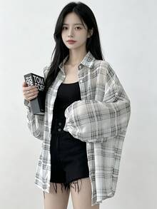YCYC Korean Style Slouchy Sun Protection Shirt Women Loose Versatile Chic Youthful Thin Outerwear - Black and White - View 3