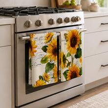 2pcs Sunflower Pattern Kitchen Towels, Country Rustic Style Dishcloths, Suitable For Home Kitchen Decor/Daily Home Cleaning/Farmhouse Style Restaurant Arrangement/Thanksgiving Celebration - Multicolor - View 3