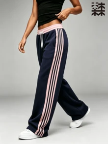 mulinsen Women's Sports Pants, Pink Side Contrast Stripes, Elastic Drawstring Waist, Suitable For Running, Gym, Streetwear - Navy Blue - View 11
