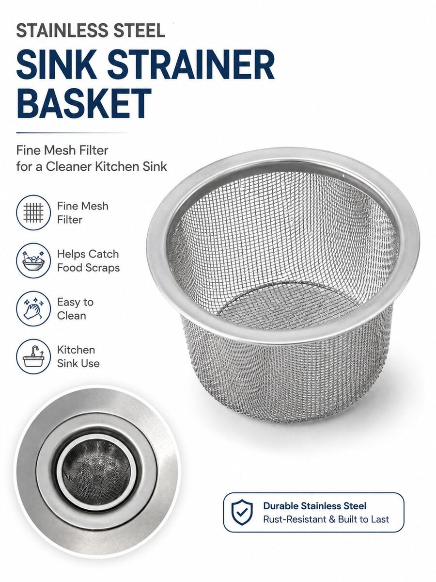 2pcs Stainless Steel Kitchen Sink Strainer Basket, Fine Mesh Drain Filter, Filters Food Residue And Debris, Rust-Proof Reusable, Easy To Clean, Suitable For Daily Use Kitchen Sink Filter - Multiple Styles - View 1