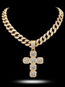 Rhinestone Cross Pendant Cuban Chain Necklace, Full Rhinestone Miami Chain Hip Hop Jewelry, Unisex - Rock Sugar Cross Pendant Necklace - View 3