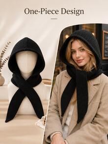 1pc Solid Color One-Piece Knitted Hooded Scarf, Fashionable Versatile Women's Knitted Hat, Warm And Cold-Proof, Suitable For Autumn/Winter, Large Head Circumference, Scarf Hat Set, Warm Ear Protection - A - View 6