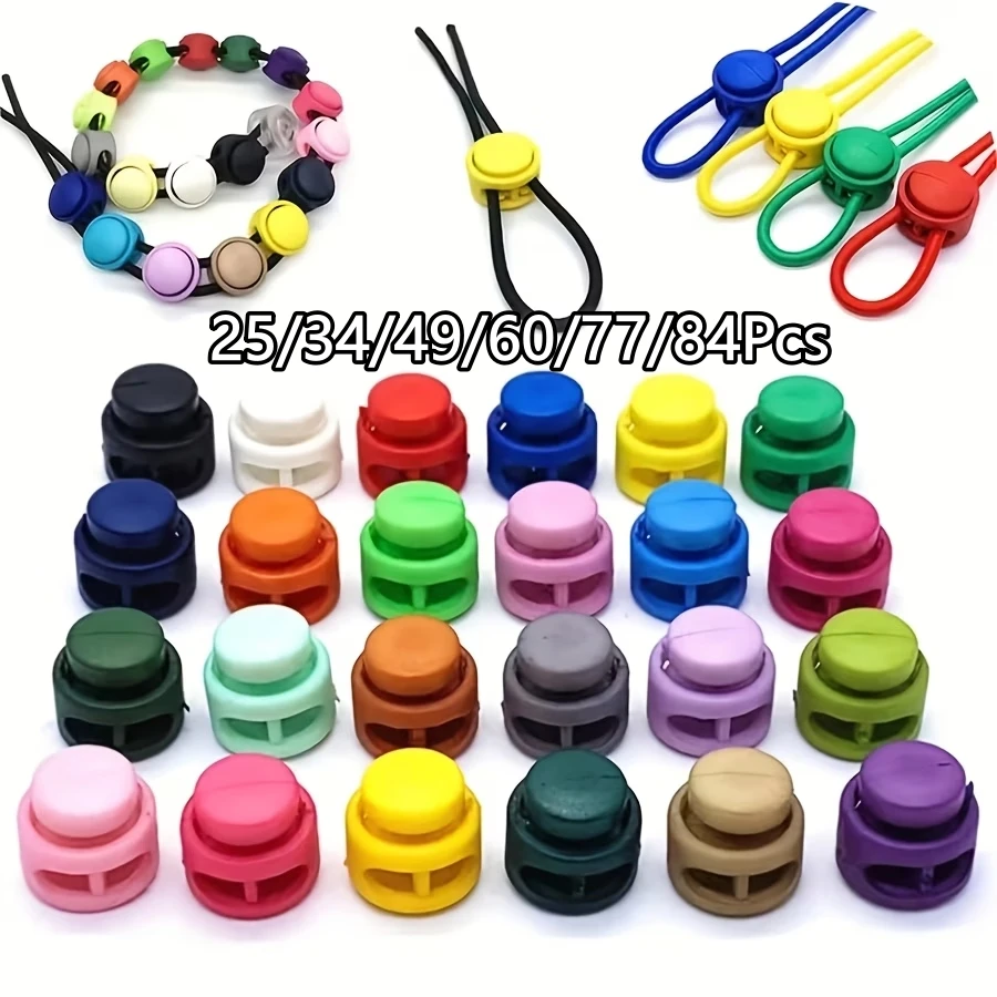 25/34/49/60/77/84Pcs Plastic Spring Buckles, Random Color Double Hole Round Sliders, Elastic Drawstring Locks, Suitable For Camping, Hiking, Backpack Shoelaces, DIY Rope Ends And Clothing Accessories
