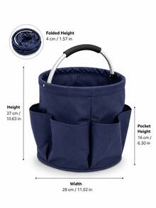 1pc Rustic Solid Color Gardening Tool Storage Bag, Round Bucket Shape With 6 Side Pockets And Thickened Metal Handle, Foldable Oxford Cloth Organizer, Large Capacity Home & Garden Storage Bag - A - View 22