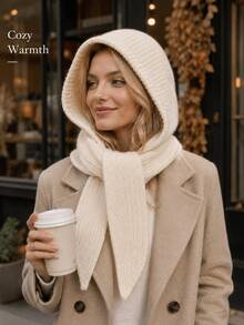 1pc Solid Color One-Piece Knitted Hooded Scarf, Fashionable Versatile Women's Knitted Hat, Warm And Cold-Proof, Suitable For Autumn/Winter, Large Head Circumference, Scarf Hat Set, Warm Ear Protection - A - View 2