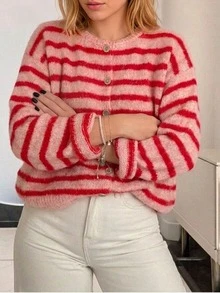 大尺碼女款條紋休閒百搭日常開襟衫，紅粉配色拼色條紋鈕扣針織開襟衫 - 紅色 - 查看 2