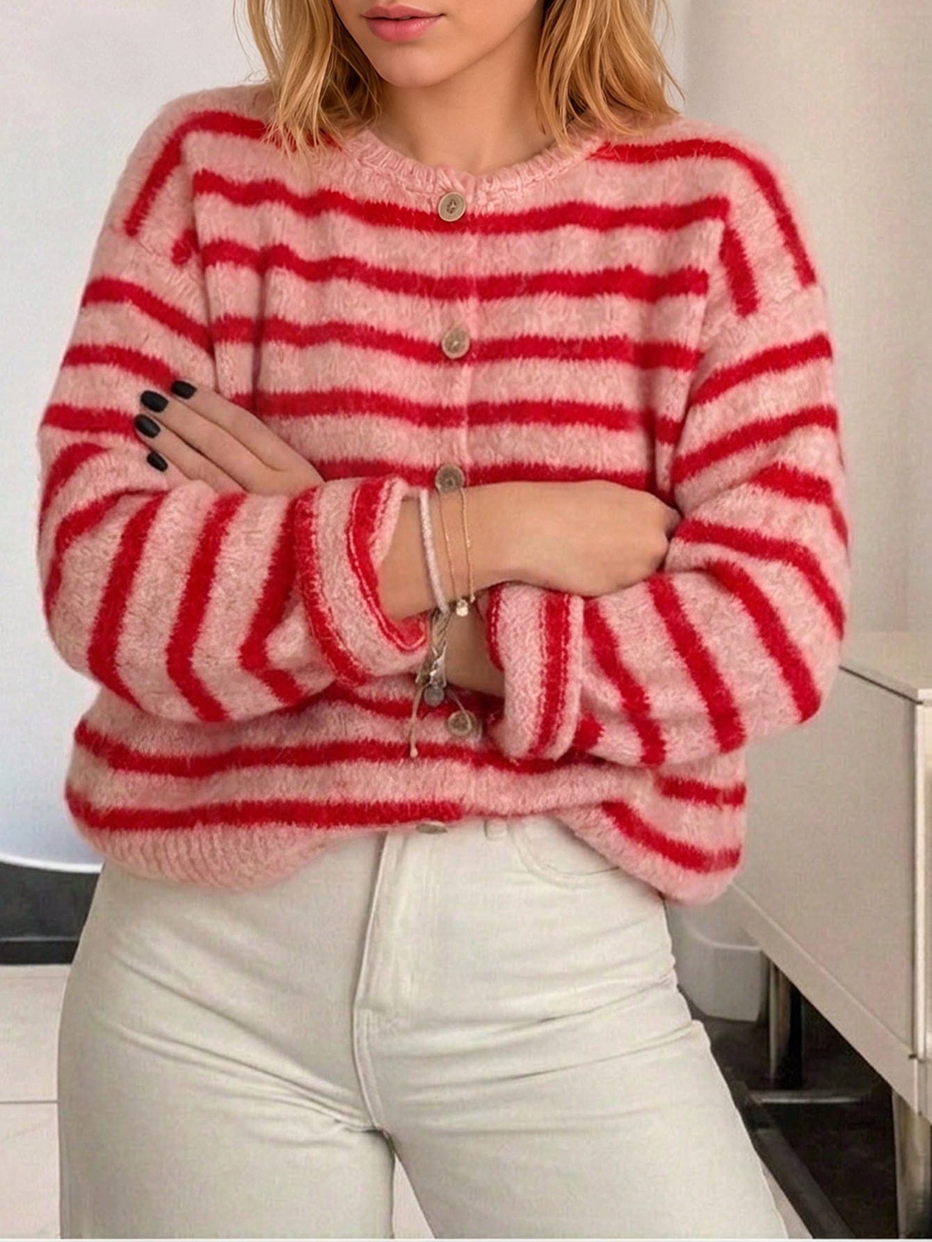 Plus Size Women's Striped Casual Versatile Daily Cardigan, Red & Pink Colorblock Striped Button Knit Cardigan - Red - View 1