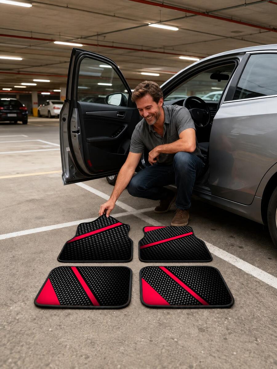4pcs Universal Car Floor Mats Set, Black & Red Textured Non-Slip Car Floor Mats, Wear-Resistant & Easy To Clean Front And Rear Mats, Suitable For Sedan, SUV, Truck, All-Season Interior Protection Accessories