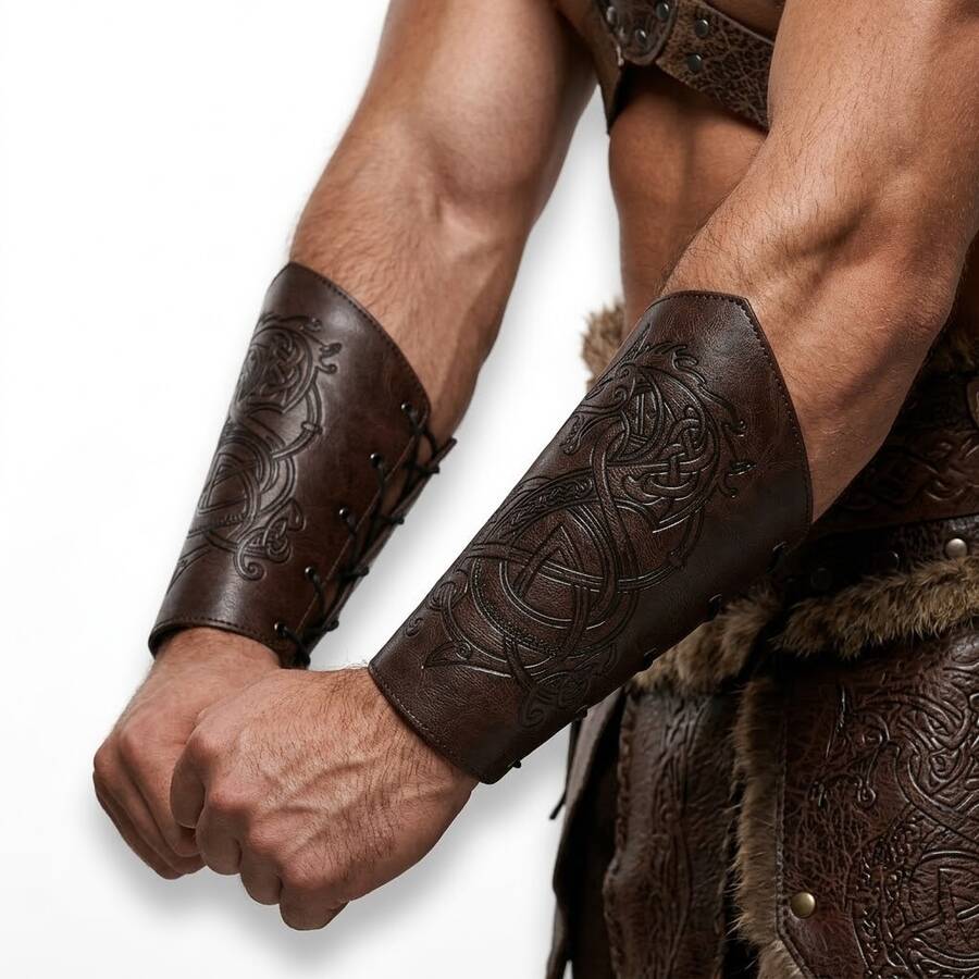 1pc Vintage Viking Style PU Leather Bracer, Unisex Celtic Dragon Embossed Arm Guard, Renaissance Festival Cosplay Costume Prop - A - View 1