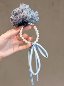 1 Pc Korean Light Leopard Rose Pearl Hair Tie, Vacation Style Blue Pearl Ribbon Scrunchie, Dual-Use Wrist & Hair Accessory - Multicolor - View 2