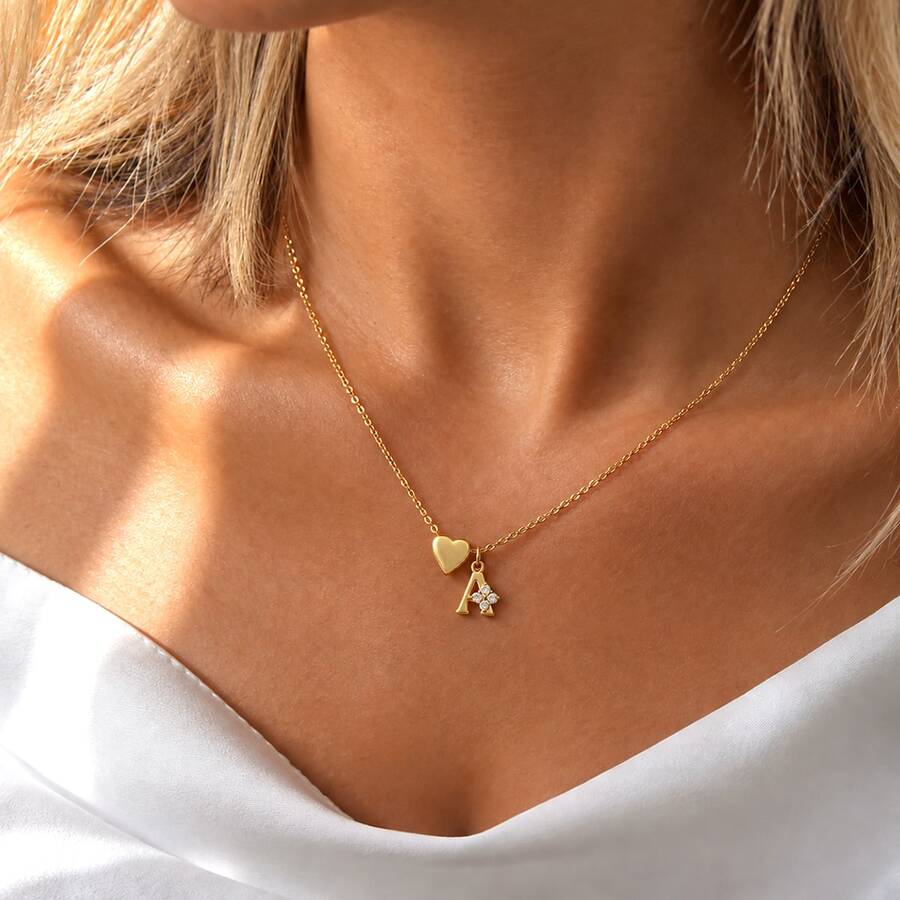 1pc Simple Vintage Initial Heart Pendants Gold Color Chain Stainless Steel Necklaces For Women - Yellow Gold - View 1