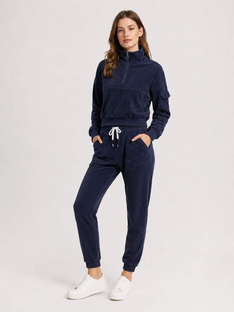 Women's Waffle Tracksuit Set, Cropped Quarter-Zip Sweatshirt, Stand Collar, Drawstring Joggers, Pockets, Cuffs, Spring Autumn Casual - Navy Blue - View 1
