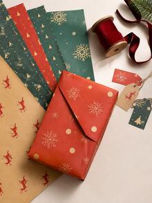 10pcs Christmas Wrapping Paper , Red Green Kraft Gift Wrap With Snowflake Tree And Reindeer Print, For Home Crafters And Gift Givers, Gift Box Packaging, Bow Making, Holiday Party And DIY Decor - Multicolor - View 7