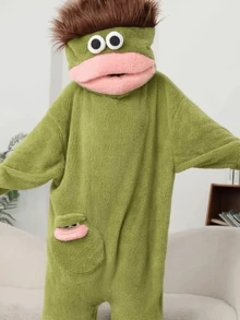 Cartoon Green Monster Adult Bathrobe, Fun 3D Plush Hooded, Soft Coral Fleece Warm Long Sleeve With Pockets, Loose Fit, Halloween Cosplay Party Costume, Multiple Sizes Available - Multicolor - View 15