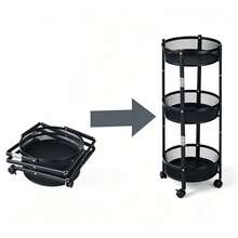 1 Pc No‑Installation 3‑Tier Round Rolling Storage Rack, Foldable Metal Basket Body, Equipped With Universal Casters, Unfold And Use Right Out Of The Box, Suitable For Kitchen, Bathroom, Living Room, Bedroom And Home Sundries Storage - Multicolor - View 6