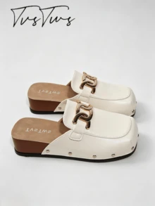 European Style Rivet Square Toe Wedge Heel Mule Shoes, Solid Color Thick Sole Closed Toe Half-Slip Women's Outdoor Shoes - Off White - View 4