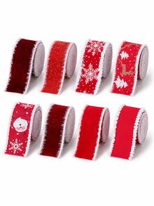 1pc Christmas Velvet Ribbon, Fuzzy Edge Wired Ribbon, 8 Festive Styles, 2m Per Roll, Snowflake Santa Reindeer Prints, Gift Wrapping Bow Making, Christmas Tree Wreath Garland Decor, Holiday Party Home Decoration - 2m/78.7in - View 9