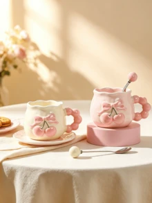 1pc Vintage Cherry Ceramic Mug, Embossed Tea Cup Halloween Mug With 3D Embossed Bow Design And Ribbon - Heat Insulated, Suitable For Office And Home Use, Perfect Gift Choice For Couples - Multicolor - View 5