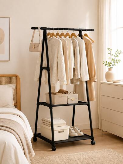 Rolling A-Frame Clothing Rack With Wheels & 2-Tier Storage Shelves, Freestanding Garment Organizer With Hanging Rod, Space-Saving Clothes Rack For Bedroom, Entryway, Dorm, Closet & Laundry Room, Black/White