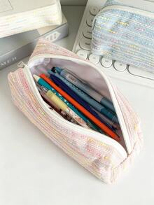 Sweet Striped Pencil Case, Colorful Bubble Gauze Woven Fabric Stationery Storage Bag, Large Capacity Zipper Pencil Pouch, Soft Texture Decorative Accessory, Suitable For Pens And Pencils, Students Back To School Study Desk Home Office Holiday Use - Multicolor - View 7