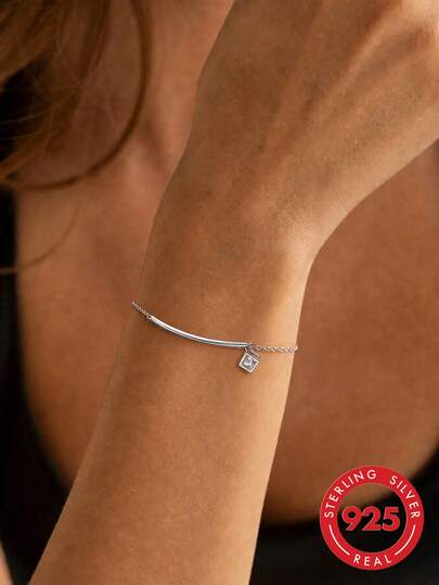 1pc S925 Sterling Silver Minimalist Square Pendant Bracelet For Women, Niche Hollow 3D Design, Versatile Daily Commute Party Elegant Ins Cold Style Personalized Women's Bangle
