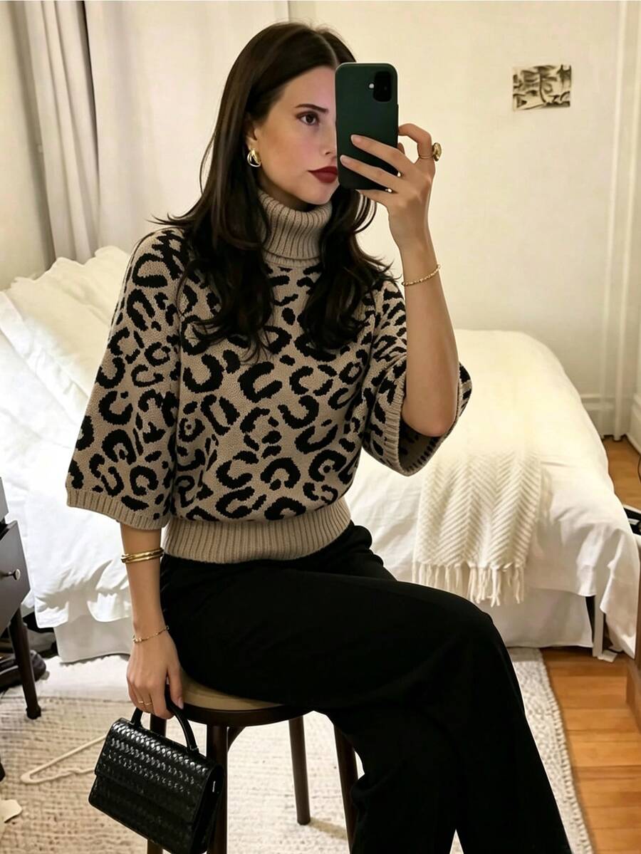 女款休閒秋冬拼接豹紋提花高領毛衣,插肩袖針織上衣,修飾腰線紋理設計 - 彩色 - 查看 1