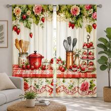 2pcs Vintage Watercolor Strawberry Rose Plaid Print Decorative Curtains, No-Drill Rod Pocket Design, Easy Installation And Removable, Polyester Material, Suitable For Bedroom, Living Room And Home Decor - Multicolor - View 7