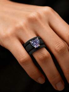 3PCS Stacked Black Silicone Ring Set, Cut With Purple Heart-Shaped Zirconia, Suitable For Daily Wear, Girlfriends, Couples, Weddings, Valentine's Day - Black Silicone - Purple Heart - View 5