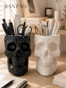 1pc/2pcs Gothic Floral Carved Skull Pen Holder, Large Capacity Desktop Pencil Organizer, Black White Multi‑Functional Makeup Brush Storage Pot, Skull Vase, Halloween Gothic Home Office Table Decor - Gothic Skull Pen Holder - View 3