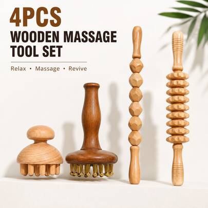 Juego de Herramientas de Masaje de Madera 4‑En‑1, Rodillos de Masaje Corporal, Tabla de Raspado & Masajeador de Punta de Cobre, Kit de Cuidado Muscular de Autocuidado en Casa, Regalo Ideal para Hombres y Mujeres