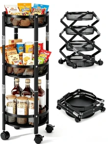 1pc 3-Tier Foldable Mobile Storage Rack - Large Capacity Storage Cart, Rotatable Folding Storage Design, Hollow Mesh Basket, Space-Saving, Stable Structure, Floor-Standing Storage Rack, Suitable For Kitchen, Living Room And Bathroom - Multiple Specifications - View 2