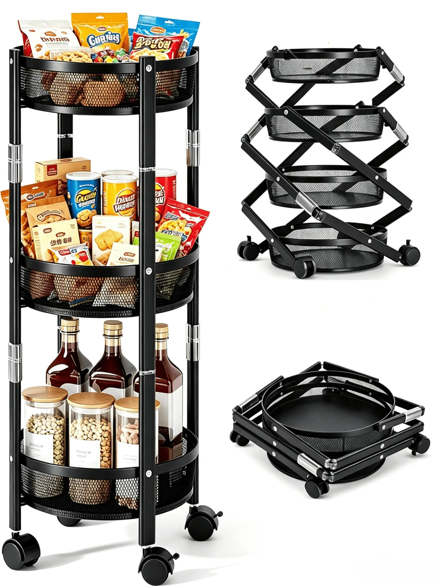 1pc 3-Tier Foldable Mobile Storage Rack - Large Capacity Storage Cart, Rotatable Folding Storage Design, Hollow Mesh Basket, Space-Saving, Stable Structure, Floor-Standing Storage Rack, Suitable For Kitchen, Living Room And Bathroom