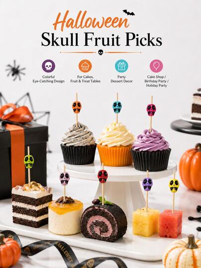 50pcs Halloween Skull Food Picks Colorful Gothic Cocktail Appetizer Picks Spooky Party Dessert Decorations For Cupcakes Cheese Fruit Snacks Table Decor