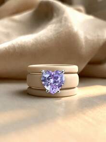 3PCS Stacked Card Color Silicone Ring Set, Cut Purple Love Zirconia, Suitable For Daily Wear, Best Friends, Couples, Weddings, Valentine's Day - Khaki-purple Heart - View 2