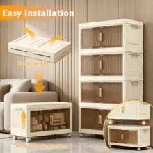 5-Layer Foldable Storage Cabinet, Plastic Sundries Organizer With Doors & Wheels, Stackable Large Capacity Home Organization For Bedroom, Living Room, Kitchen, Easy Assembly & Space-Saving Design - Beige - View 6