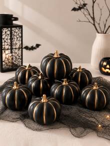 6pcs/3pcs Black Gold Pumpkin Decor, Artificial Pumpkins For Halloween Decorations, Fall Harvest Pumpkin Decorations, For Halloween Party Decorations, Mantel Shelf Table Centerpiece Home Decor - Black and Gold Faux Pumpkin - View 1