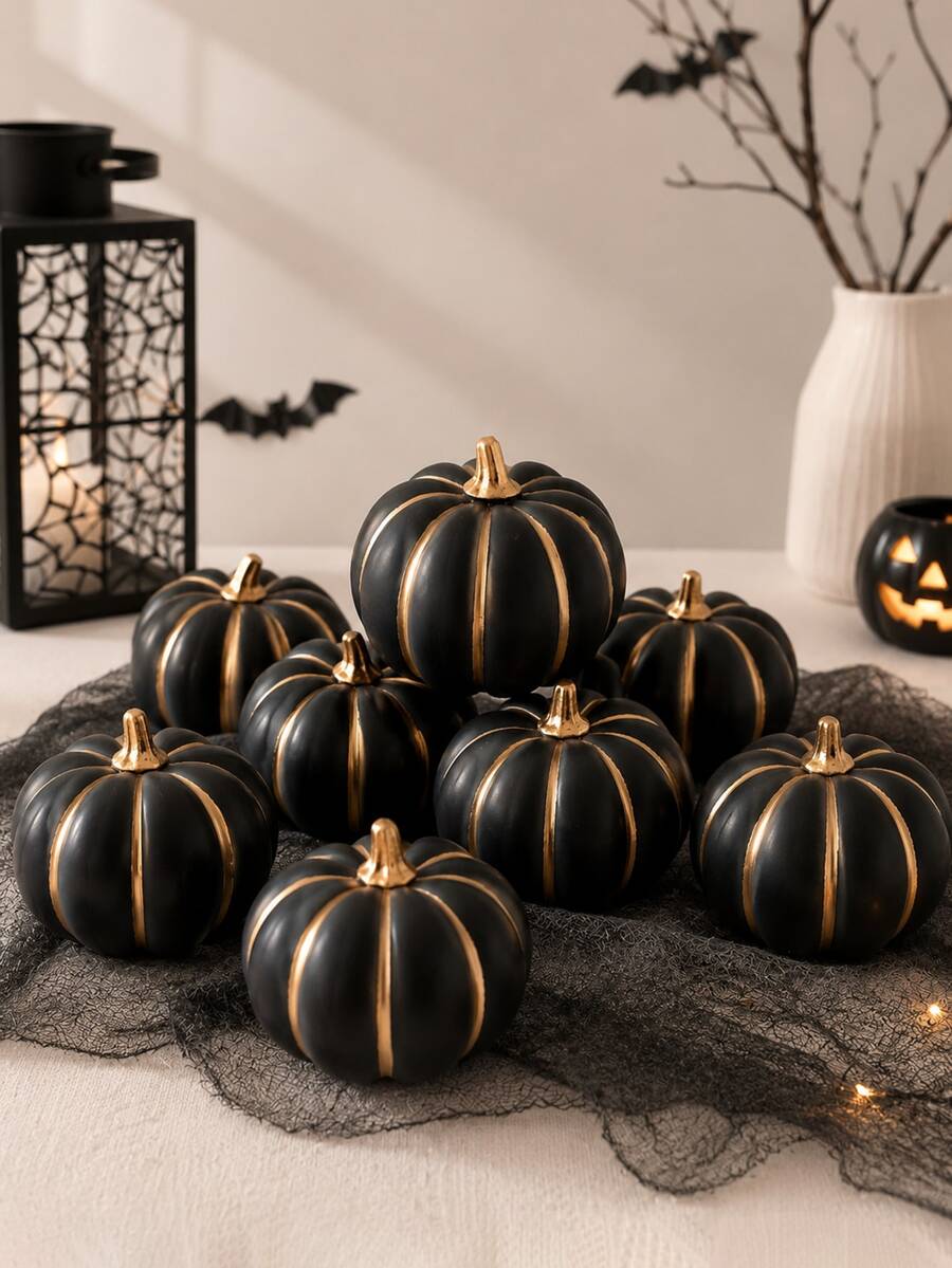 6pcs/3pcs Black Gold Pumpkin Decor, Artificial Pumpkins For Halloween Decorations, Fall Harvest Pumpkin Decorations, For Halloween Party Decorations, Mantel Shelf Table Centerpiece Home Decor - Black and Gold Faux Pumpkin - View 1