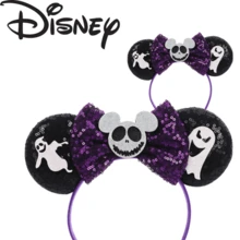 Disney Halloween Nightmare Before Christmas Minnie Ear Hair Hoop, Black Full‑Sequin Ears With White Ghost Felt Applique, Purple Glitter Sequin Bow Headband With Silver Glitter Skull Mickey Ornament, Spooky Halloween Cosplay Costume Accessory - Style 1 - View 1