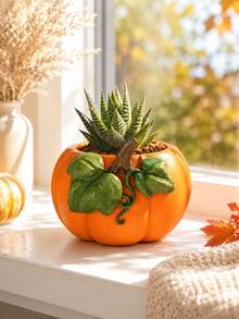 1pc Pumpkin Planter, Orange Fall Flower Pot With Decorative Green Leaves, Autumn Harvest Thanksgiving Tabletop Decor For Living Room Dining Table Mantel Shelf - Multiple Styles - View 2