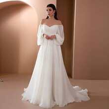 White Bateau Neck Wedding Dress, Elegant Off Shoulder Puff Long Sleeve Chiffon Maxi Dress A Line Flowy Wedding Bridal Gown Formal Party Evening Gown - White - View 6