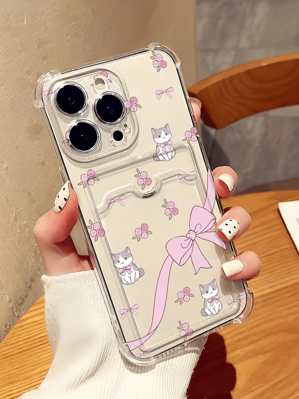 1pc Card Holder Transparent Floral Bow Cat Design Minimalist Anti-Drop Soft TPU Fashion Phone Case Full Coverage Anti-Fouling Protective Shell Compatible With Apple 18 17 16 15 14 13 12 11 Pro Max Air