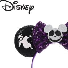 Disney Halloween Nightmare Before Christmas Minnie Ear Hair Hoop, Black Full‑Sequin Ears With White Ghost Felt Applique, Purple Glitter Sequin Bow Headband With Silver Glitter Skull Mickey Ornament, Spooky Halloween Cosplay Costume Accessory - Style 1 - View 4