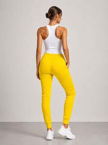 Sweatpants, Elastic Waistband With Drawstrings, Mid-Rise, 2 Pockets, Tapered Legs With Drawstrings, Basic - Yellow - View 2