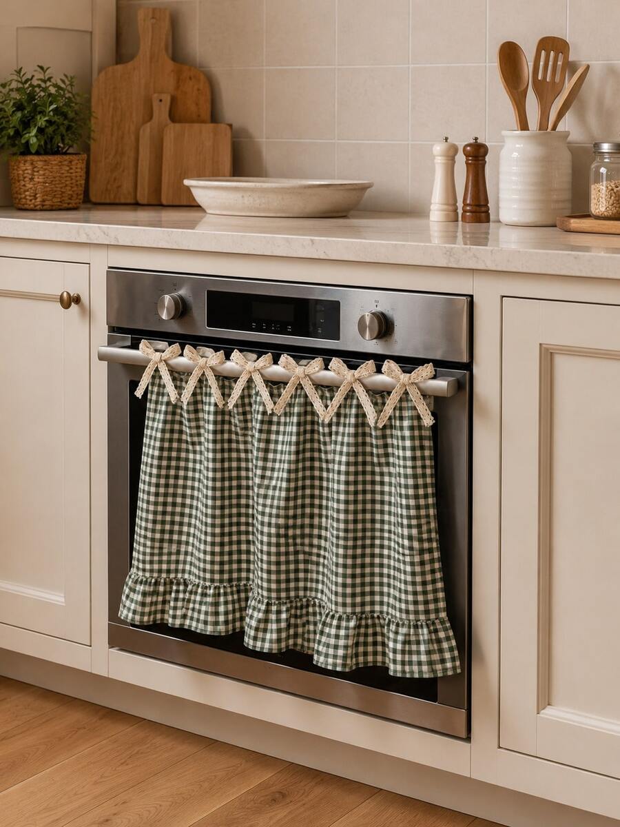 Plaid Ruffled Oven Door Curtain, Farmhouse Style Checkered Stove Handle Curtain With Tie Rope, Country Style Scalloped Edge Kitchen Decor Curtain, Washable Small Window Curtain, Suitable For Oven, Cabinet, Open Cabinet And Small Window, Farmhouse Style Kitchen Home Decor - Ruffled Edge - View 1