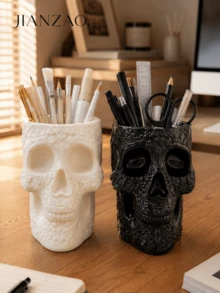1pc/2pcs Gothic Floral Carved Skull Pen Holder, Large Capacity Desktop Pencil Organizer, Black White Multi‑Functional Makeup Brush Storage Pot, Skull Vase, Halloween Gothic Home Office Table Decor - Gothic Skull Pen Holder - View 5